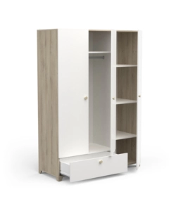 ARMADIO 2 ANTE E 1 CASSETTO "IZZY" COLORE BIANCO OPACO E QUERCIA, 134,6X51,7X185,7 CM