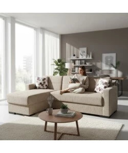 DIVANO LETTO "MERLIN" CON CASSETTONE E PENISOLA REVERSIBILE BEIGE, 225X150X81 CM