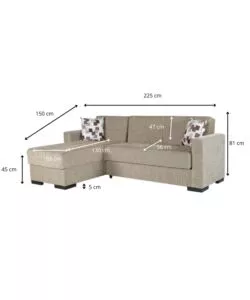 DIVANO LETTO "MERLIN" CON CASSETTONE E PENISOLA REVERSIBILE BEIGE, 225X150X81 CM