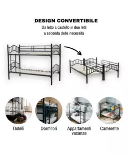 LETTO A CASTELLO BELLAHOME "BERNA"  SCOMPONIBILE IN 2 LETTI SINGOLI IN FERRO NERO 203X83X145,5 CM