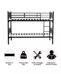 LETTO A CASTELLO BELLAHOME "BERNA"  SCOMPONIBILE IN 2 LETTI SINGOLI IN FERRO NERO 203X83X145,5 CM