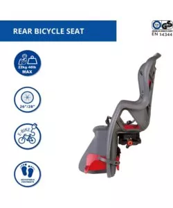 SEGGIOLINO POSTERIORE GRIGIO SCURO E ROSSO PER BICICLETTA PER BAMBINI, MAX. 22 KG, DA 3 A 8 ANNI - SI FISSA AL PORTAPACCHI