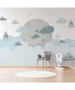 FOTOMURALE ADESIVO "WHALES IN THE SKY" IN PVC, 312X280 CM