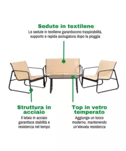 SET DA GIARDINO EUROGARDEN "MAGNOLIA" IN ACCIAIO E TEXTILENE BEIGE 4 SEDUTE E TAVOLINO