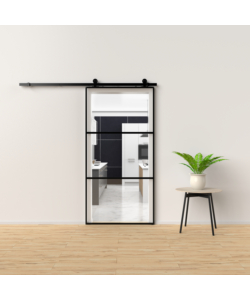 PORTA SCORREVOLE IN ALLUMINIO NERO E 3 SEZIONI IN VETRO TRASPARENTE 96X220 CM