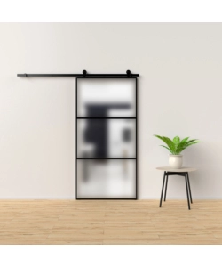 PORTA SCORREVOLE IN ALLUMINIO NERO E 3 SEZIONI IN VETRO SATINATO 96X220 CM