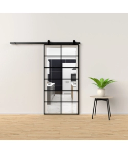 PORTA SCORREVOLE IN ALLUMINIO NERO E 12 SEZIONI IN VETRO TRASPARENTE, 96X220 CM