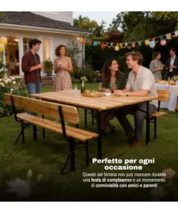 SET BIRRERIA DA GIARDINO PIEGHEVOLE EUROGARDEN IN LEGNO E METALLO DUE PANCHE CON SCHIENALE E TAVOLO 200X70 CM