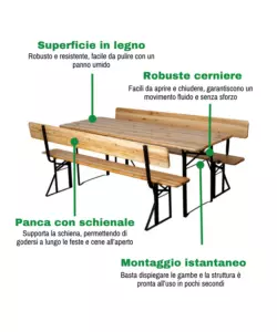 SET BIRRERIA DA GIARDINO PIEGHEVOLE EUROGARDEN IN LEGNO E METALLO DUE PANCHE CON SCHIENALE E TAVOLO 200X70 CM