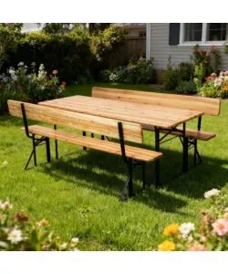 SET BIRRERIA DA GIARDINO PIEGHEVOLE EUROGARDEN IN LEGNO E METALLO DUE PANCHE CON SCHIENALE E TAVOLO 200X70 CM