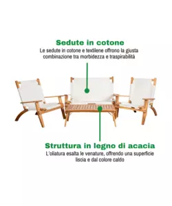 SET DA ESTERNO PIEGHEVOLE EUROGARDEN "PRIMAVERA" IN LEGNO DI ACACIA E POLIESTERE ECRÙ 4 SEDUTE E TAVOLINO