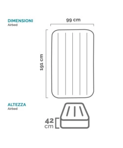 MATERASSO SINGOLO AUTOGONFIANTE INTEX "AIRBED DURA-BEAM PILLOW REST RAISED" GRIGIO CHIARO 99X191X42 CM - COD. 64132ND