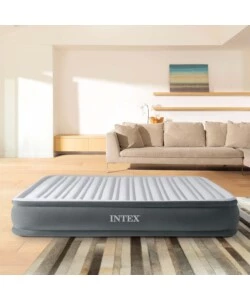 MATERASSO MATRIMONIALE AUTOGONFIANTE INTEX "AIRBED DURA-BEAM COMFORT-PLUSH MID-RISE" COLORE GRIGIO CHIARO E POMPA INTEGRATA, 152X203X33 CM - COD. 67770ND