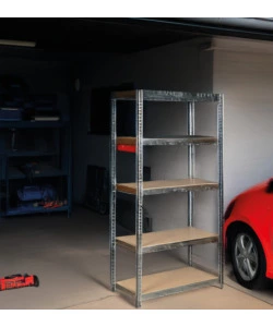 SCAFFALE IN METALLO ZINCATO EASY SYSTEM CON 5 RIPIANI IN MDF, 90X40X180 CM