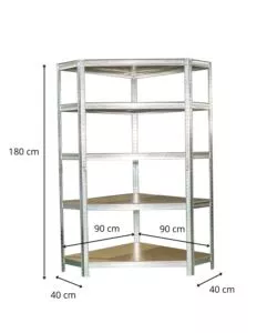 SCAFFALE ANGOLARE IN METALLO EASY SYSTEM CON 5 RIPIANI IN MDF, 90X90X40X40X180 CM