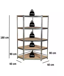 SCAFFALE ANGOLARE IN METALLO EASY SYSTEM CON 5 RIPIANI IN MDF, 90X90X40X40X180 CM