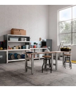 BANCO DA LAVORO CON STRUTTURA IN ACCIAIO E PIANO IN LEGNO MASSICCIO, 150X60X90 CM