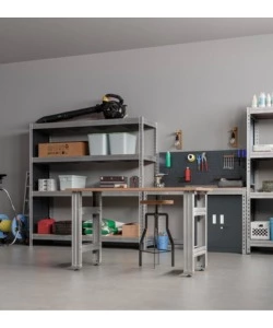 BANCO DA LAVORO CON STRUTTURA IN ACCIAIO E PIANO IN LEGNO MASSICCIO, 150X60X90 CM