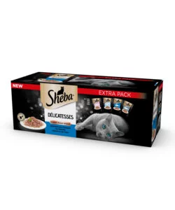 CIBO UMIDO PER GATTI SHEBA "DELICATEZZE DI MARE" ADULTO CON SALMONE, PESCE BIANCO, TONNO E MERLUZZO 40X85 GR