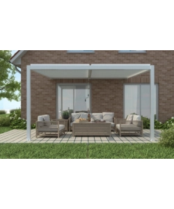 PERGOLA BIOCLIMATICA ADDOSSATA RIVIERA "CALICANTUS WALL" IN ALLUMINIO BIANCO CON LED 400X300X230/245 CM