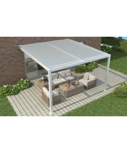 PERGOLA BIOCLIMATICA ADDOSSATA RIVIERA "CALICANTUS WALL" IN ALLUMINIO BIANCO CON LED 400X300X230/245 CM