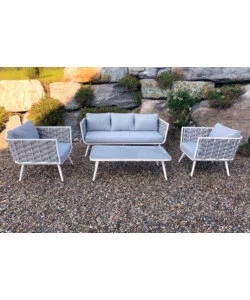 SET DA GIARDINO RIVIERA "BUCANEVE" IN ALLUMINIO COLORE BIANCO E GRIGIO, 4 SEDUTE E UN TAVOLINO