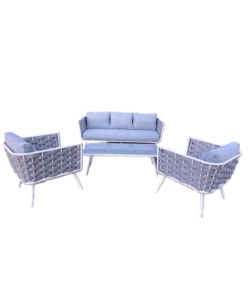 SET DA GIARDINO RIVIERA "BUCANEVE" IN ALLUMINIO COLORE BIANCO E GRIGIO, 4 SEDUTE E UN TAVOLINO