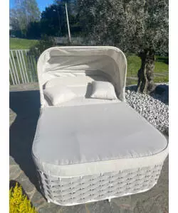 LETTINO DA GIARDINO RECLINABILE CON PARASOLE A DUE POSTI RIVIERA "AGAPANTHUS"" BIANCO E GRIGIO 217X127X55/66 CM
