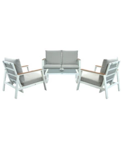 SET DA GIARDINO RIVIERA "NINFEA" IN ALLUMINIO COLORE BIANCO GRIGIO CHIARO, 4 SEDUTE E UN TAVOLINO