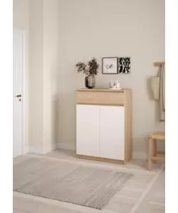 SCARPIERA "NAIA" IN TRUCIOLARE MELAMINICO COLORE ROVERE E BIANCO CON DUE ANTE E UN CASSETTO, 80,4X40X111,3 CM.