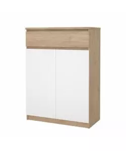 SCARPIERA "NAIA" IN TRUCIOLARE MELAMINICO COLORE ROVERE E BIANCO CON DUE ANTE E UN CASSETTO, 80,4X40X111,3 CM.