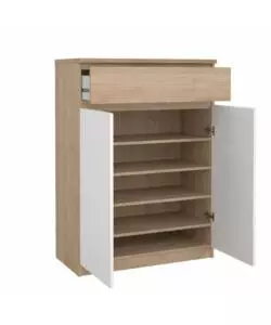 SCARPIERA "NAIA" IN TRUCIOLARE MELAMINICO COLORE ROVERE E BIANCO CON DUE ANTE E UN CASSETTO, 80,4X40X111,3 CM.