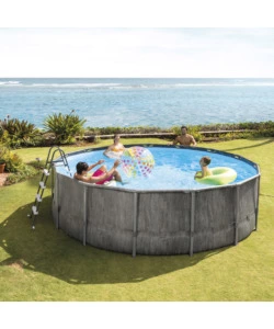 PISCINA FUORI TERRA CON STRUTTURA ROTONDA INTEX "PRISM GREYWOOD" POMPA FILTRO EFFETTO LEGNO GRIGIO 457X122 CM - COD. 26742NP