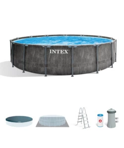 PISCINA FUORI TERRA CON STRUTTURA ROTONDA INTEX "PRISM GREYWOOD" POMPA FILTRO EFFETTO LEGNO GRIGIO 457X122 CM - COD. 26742NP