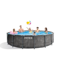 PISCINA FUORI TERRA CON STRUTTURA ROTONDA INTEX "PRISM GREYWOOD" POMPA FILTRO EFFETTO LEGNO GRIGIO 457X122 CM - COD. 26742NP