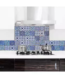 PARASCHIZZI DA CUCINA IN ALLUMINIO FANTASIA "BLUE AZULEJOS", 84X60 CM