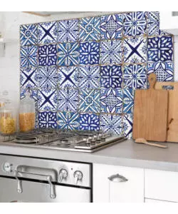 PARASCHIZZI DA CUCINA IN ALLUMINIO FANTASIA "BLUE AZULEJOS", 84X60 CM