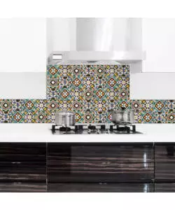 PARASCHIZZI DA CUCINA IN ALLUMINIO FANTASIA "GREEN TILES", 84X60 CM