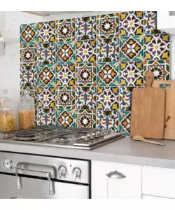 PARASCHIZZI DA CUCINA IN ALLUMINIO FANTASIA "GREEN TILES", 84X60 CM
