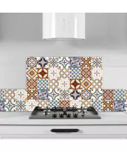 PARASCHIZZI DA CUCINA IN ALLUMINIO FANTASIA "RED AZULEJOS", 84X60 CM