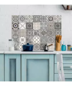 PARASCHIZZI DA CUCINA IN ALLUMINIO FANTASIA "GREY AZULEJOS", 84X60 CM