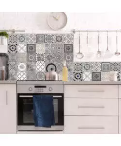 PARASCHIZZI DA CUCINA IN ALLUMINIO FANTASIA "GREY AZULEJOS", 84X60 CM