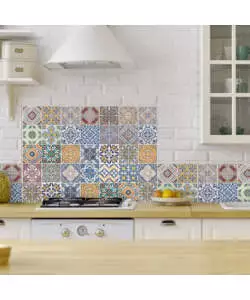 PARASCHIZZI DA CUCINA IN ALLUMINIO FANTASIA "AZULEJOS", 84X60 CM