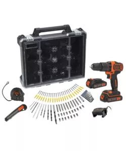 KIT VALIGETTA TRAPANO AVVITATORE A PERCUSSIONE A BATTERIA BLACK+DECKER "BCD700C2AMB-QW" 100 ACCESSORI E 2 BATTERIE 18V 1,5AH