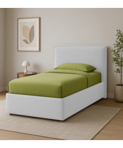 LETTO SINGOLO "ZOOM" IN TESSUTO COLORE BIANCO CON RETE E CONTENITORE, 90X190 CM