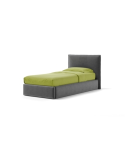 LETTO SINGOLO "ZOOM" IN TESSUTO COLORE GRIGIO CON RETE E CONTENITORE, 90X190 CM