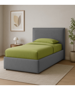LETTO SINGOLO "ZOOM" IN TESSUTO COLORE GRIGIO CON RETE E CONTENITORE, 90X190 CM