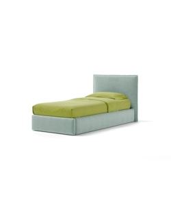 LETTO SINGOLO "ZOOM" IN TESSUTO COLORE CELESTE CON RETE E CONTENITORE, 90X190 CM