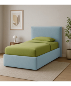 LETTO SINGOLO "ZOOM" IN TESSUTO COLORE CELESTE CON RETE E CONTENITORE, 90X190 CM