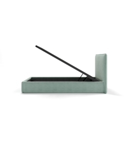 LETTO SINGOLO "ZOOM" IN TESSUTO COLORE CELESTE CON RETE E CONTENITORE, 90X190 CM